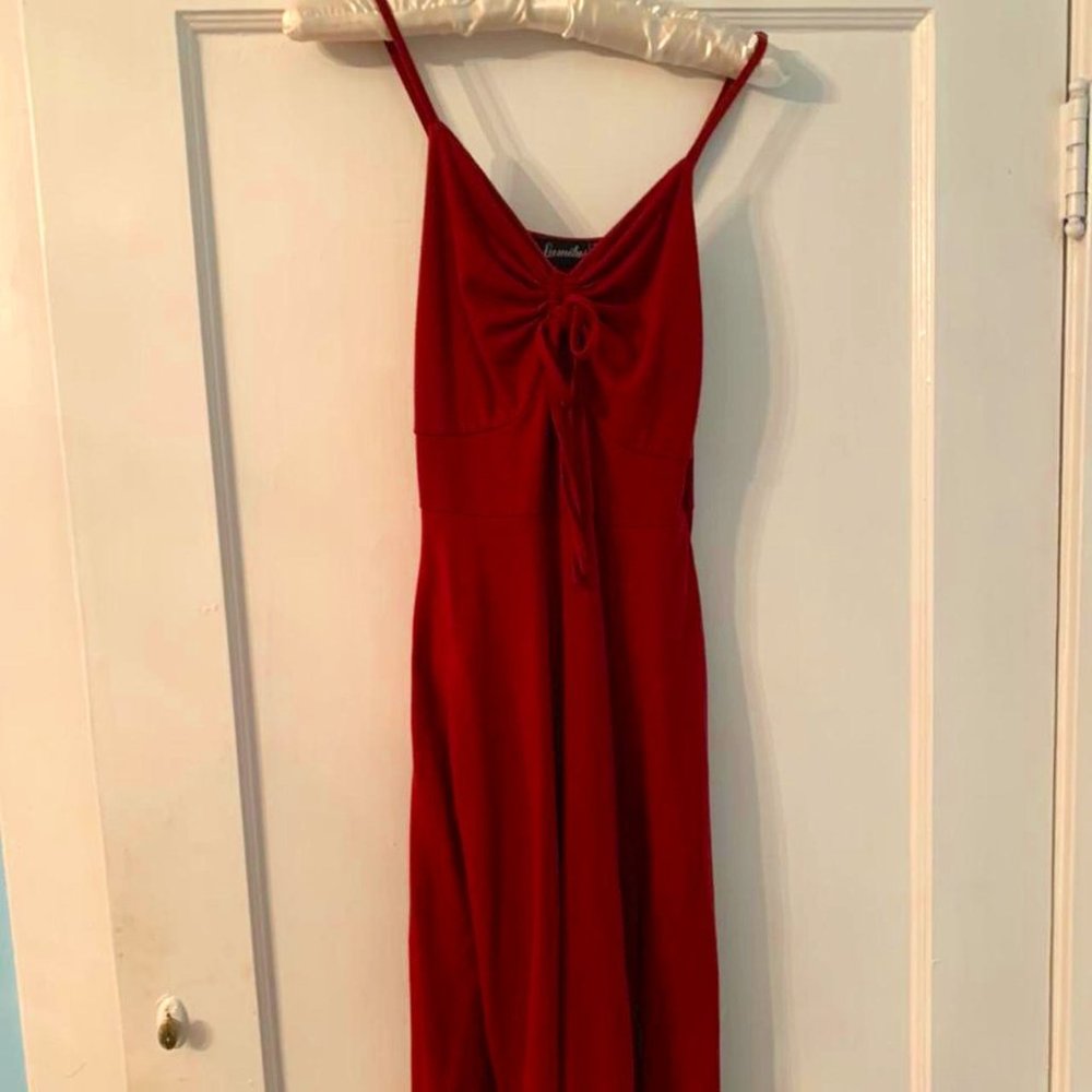 Burgundy/red stretchy dress w pull strings, zipper, spaghetti straps